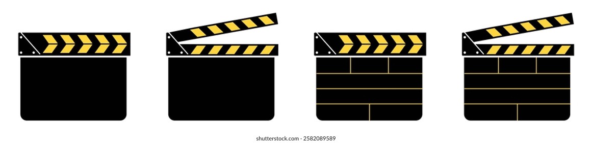 Movie clapper board set. Clapper board icon set. Clapboards open and closed. Movie, cinema, film symbol. Director clapboard, Ready camera action. clapboard vector icons collection.