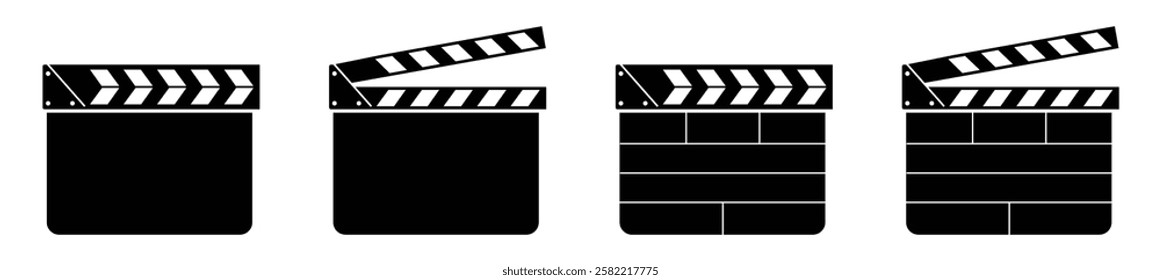 Movie clapper board set. Clapper board icon. Clapper icon set. Clapboards open and closed. Movie, cinema, film symbol.  Director clapboard,  Ready camera action. clapboard vector icons collection.