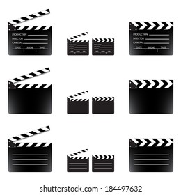 Movie clapper board set, isolated on white background, vector illustration.