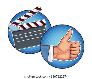 movie clapper board and thumb up pop art round icons
