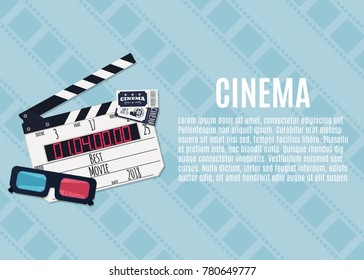 Movie clapper board, tickets and video glasses. Template for banner, flyer or poster. Vector illustration