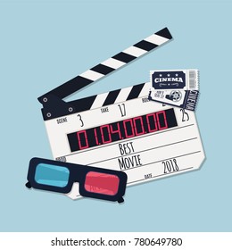 Movie clapper board, tickets and video glasses. Vector illustration