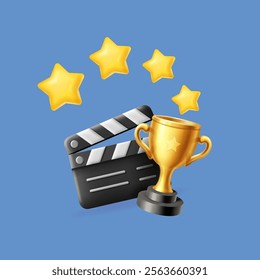 Movie clapper board with trophy. Gold stars, film slate and golden winner award. Filmmaking rating concept. Clap board cinema rank icon vector isolated