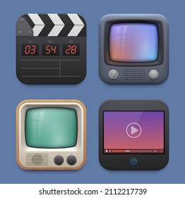 Movie clapper board, TV and video player interface icons. Television and video broadcasting mobile phone or computer application 3d vector icons with cinema clapperboard, vintage TV and movie player