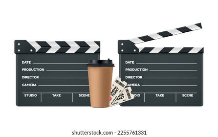 Movie Clapper Board Vector Templates With Coffee Cup And Cinema Tickets - Open And Closed Director Clapboard Set Isolated On White Background