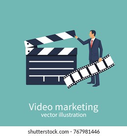 Movie clapper board. Video marketing concept. Film producer holds tape in hand. Open clapperboard. Cinematography. Template for the director's instructions, producer. Vector illustration flat design.