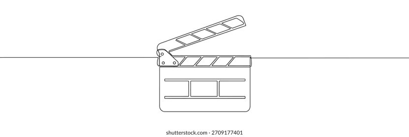 Movie clapper continuous one line drawing. Opened clapper board.