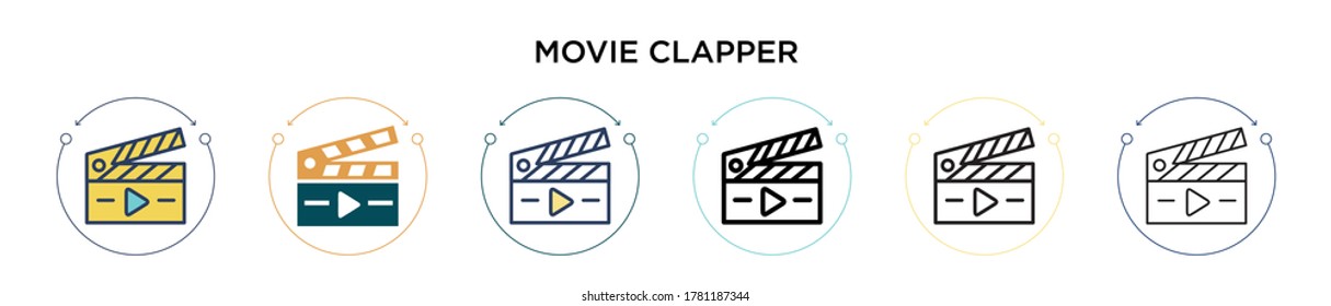 Movie clapper icon in filled, thin line, outline and stroke style. Vector illustration of two colored and black movie clapper vector icons designs can be used for mobile, ui, web