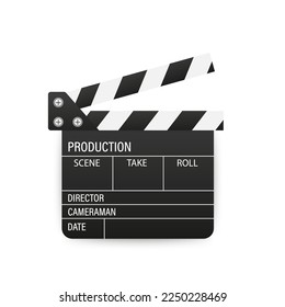 Movie clapper isolated on white. Black open clapperboard .Video icon. Film making industry. Cinematography and filmmaking equipment. Film clapper design element. Vector illustration