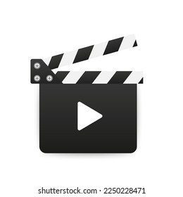 Movie clapper isolated on white. Black open clapperboard .Video icon. Film making industry. Cinematography and filmmaking equipment. Film clapper design element. Play button. Vector illustration