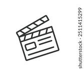 Movie clapper, in line design. Clapperboard, film clapper, slate board, cinema clapper, movie slate, filmmaking on white background vector. Movie clapper editable stroke icon