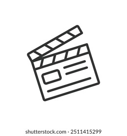 Movie clapper, in line design. Clapperboard, film clapper, slate board, cinema clapper, movie slate, filmmaking on white background vector. Movie clapper editable stroke icon