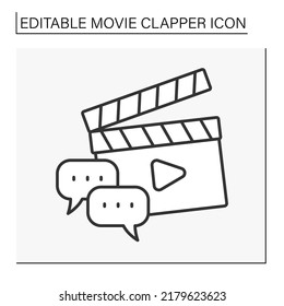  Movie Clapper Line Icon. Dialogue. Movie Discussion. Filmmaking Industry. Cinematography Concept. Isolated Vector Illustration. Editable Stroke