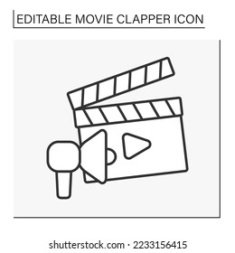  Movie clapper line icon. Movie promotions. Advertising. Filmmaking industry. Cinematography concept. Isolated vector illustration. Editable stroke