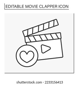  Movie clapper line icon. Romantic film. Love and relationships. Filmmaking industry. Cinematography concept. Isolated vector illustration. Editable stroke