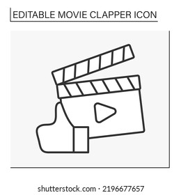  Movie clapper line icon. Thumb up. Filmmaking industry. Cinematography concept. Isolated vector illustration. Editable stroke