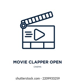 icono de apertura de la colección de cine de la película clapper. Apertura de pantalla de película lineal delgada, estudio, ícono de contorno de vídeo aislado en fondo blanco. Signo abierto de pantalla de película vectorial de línea, símbolo para web y móvil