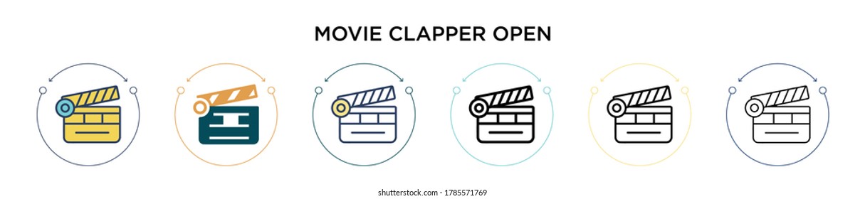 Movie clapper open icon in filled, thin line, outline and stroke style. Vector illustration of two colored and black movie clapper open vector icons designs can be used for mobile, ui, web