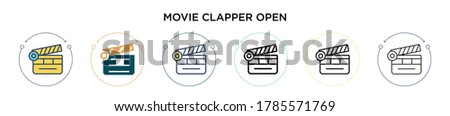 Movie clapper open icon in filled, thin line, outline and stroke style. Vector illustration of two colored and black movie clapper open vector icons designs can be used for mobile, ui, web