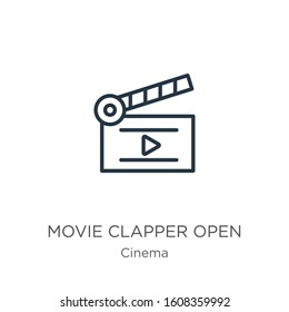 Movie clapper open icon. Thin linear movie clapper open outline icon isolated on white background from cinema collection. Line vector sign, symbol for web and mobile