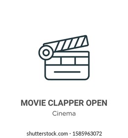 Movie clapper open outline vector icon. Thin line black movie clapper open icon, flat vector simple element illustration from editable cinema concept isolated on white background