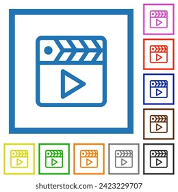 Movie clapper outline flat color icons in square frames on white background