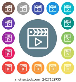 Movie clapper outline flat white icons on round color backgrounds. 17 background color variations are included.