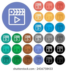 Movie clapper outline multi colored flat icons on round backgrounds. Included white, light and dark icon variations for hover and active status effects, and bonus shades.