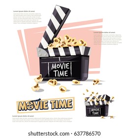 Movie clapper with popcorn. movie time concept - vector illustration