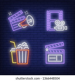 Movie clapper, projector, popcorn and drink neon signs set. Entertainment, cinema, movie industry design. Night bright neon sign, colorful billboard, light banner. Vector illustration in neon style.