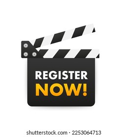 Movie clapper. Register now. register now button. register now sign. key. push button. Vector illustration