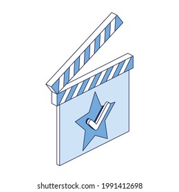 Movie clapper, star check mark. Vector 3d line isometric, color web icons, new flat style. Creative design idea and elements for infographics.