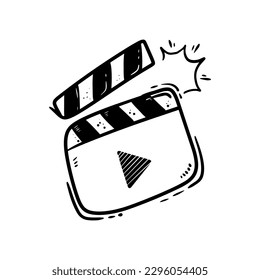 Movie clapperboard doodle icon. The board clap to start the video clip scene.