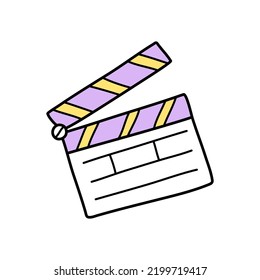 Movie clapperboard doodle icon. Film clapper for cinema production. Board clap for video clip scene start. Lights, camera, action. Hand drawn sketch in vector.