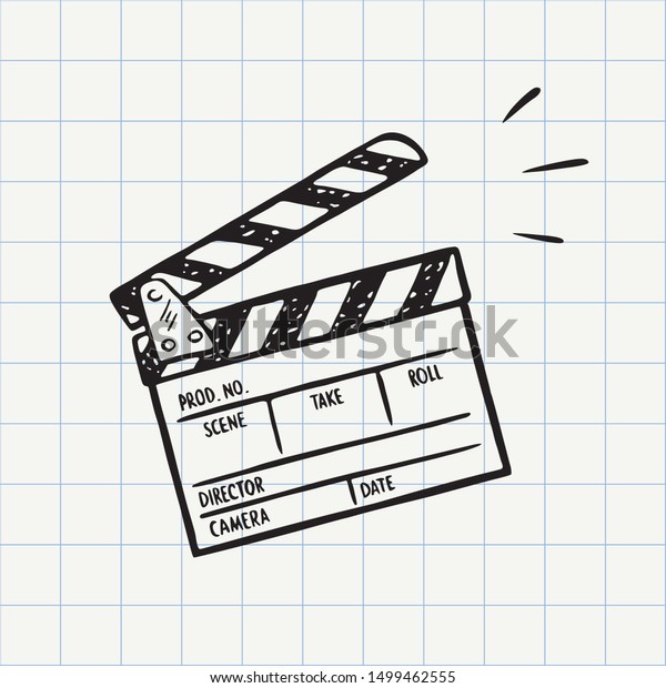 Movie clapperboard doodle icon.\
Film set clapper for cinema production. Board clap for video clip\
scene start. Lights, camera, action! Hand drawn sketch in\
vector