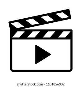 Movie clapperboard or film clapboard with play arrow line art vector icon for video apps and websites