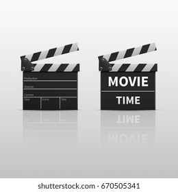 Movie clapperboard or film clapper isolated on white vector illustration. Clapperboard for video clip, board clap for production film