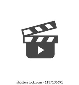 Movie clapperboard glyph icon. Cinema symbol. Clapper board black flat logo. Tool to shoot video scenes, cinematography label. Film production, concept. Vector illustration isolated on white