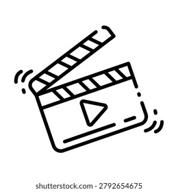 Movie clapperboard icon with hand drawn line art style, cinema film slate, entertainment production industry