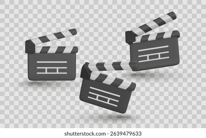 Movie Clapperboard Icon Set in 3D Cartoon Style. Film Industry Symbols for Video Production, Cinema, and Editing Projects. Creative Media Assets Pack. Vector Illustration.