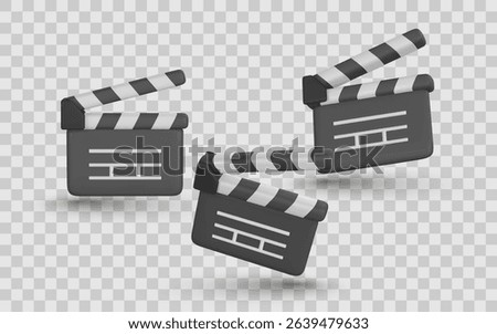 Movie Clapperboard Icon Set in 3D Cartoon Style. Film Industry Symbols for Video Production, Cinema, and Editing Projects. Creative Media Assets Pack. Vector Illustration.