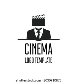 Movie clapperboard logo template. Open movie film Clapboard with man silhouette Icon. Logotype template of clapperboard, slapstick or filmmaking device. Vector illustration EPS 10.