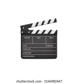 Movie clapperboard mockup with black hanging boards, realistic vector illustration isolated on white background. Cinematography and film industry symbol template.