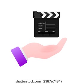 Movie clapperboard on the palm. Flat, color, movie clapperboard icon, hand icon. Vector icons