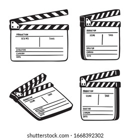 Movie clapperboard. Opened movie film clapper board hand drawn vector illustrations collection. Part of set. 
