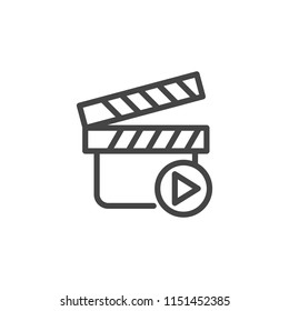 Movie clapperboard and play button. Video recording icon or video image. Multimedia concept label. Outline web pictograph for online seminar, webinar and other professional events. Vector isolated