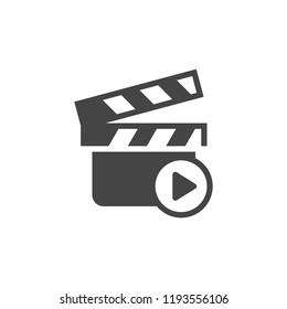 Movie clapperboard and play button. Video recording flat icon or video image. Multimedia concept label. Web pictograph for online seminar, webinar and other professional events. Vector isolated