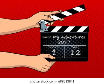 Movie clapperboard pop art hand drawn vector illustration.