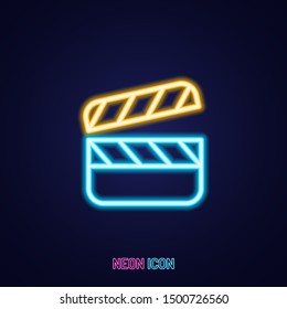 movie clapperboard simple luminous neon outline colorful icon on blue background