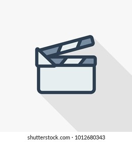 movie clapperboard thin line flat color icon. Linear vector illustration. Pictogram isolated on white background. Colorful long shadow design.